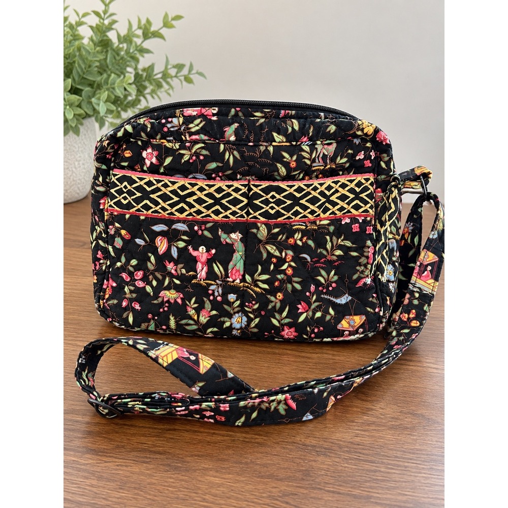 Vintage Vera Bradley Ming Crossbody Bag Black Floral Gold Lattice Retired 2001
